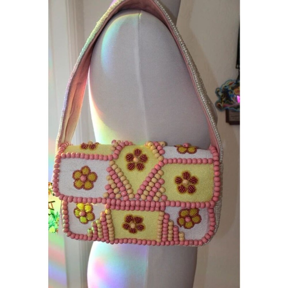 womens Beaded BOHO Bag-Pink & Yellow Pastel Beaded Shoulder Purse